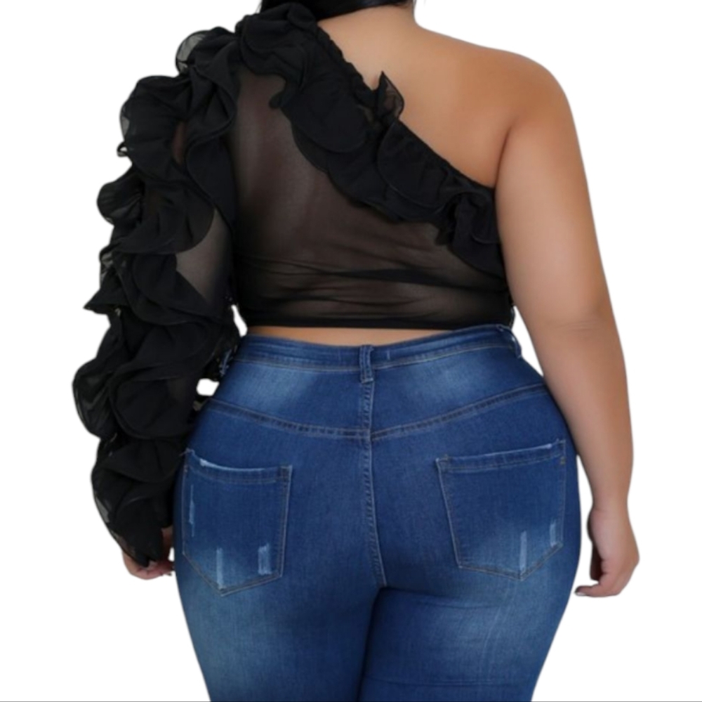 Midnight Bloom One-Shoulder Ruffle Crop Top Plus Size Black - Picture 4 of 8